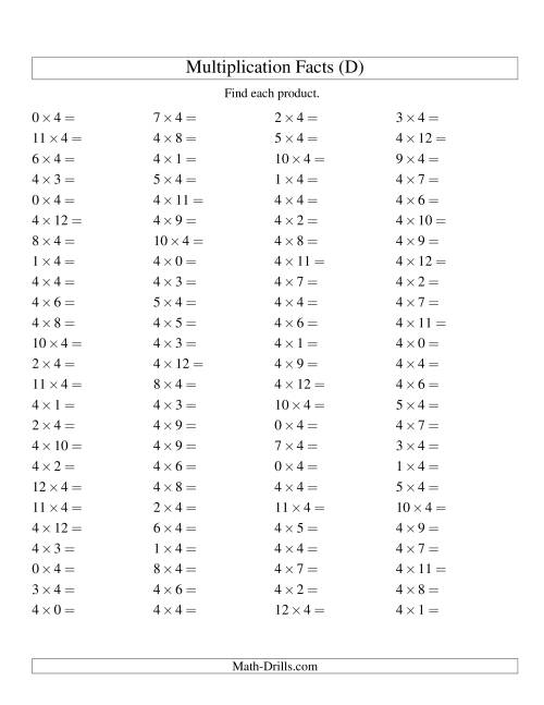 The 100 Horizontal Questions -- 4 by 0-12 (D) Math Worksheet
