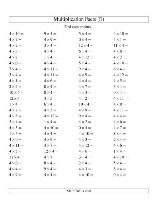 The 100 Horizontal Questions -- 4 by 0-12 (E) Math Worksheet