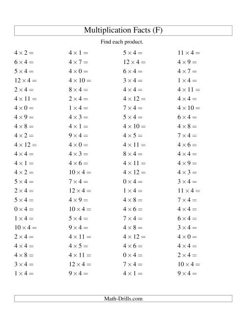 The 100 Horizontal Questions -- 4 by 0-12 (F) Math Worksheet