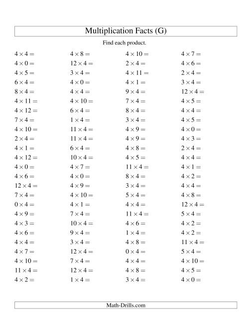 The 100 Horizontal Questions -- 4 by 0-12 (G) Math Worksheet