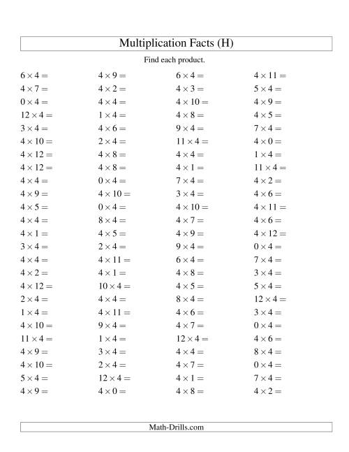 The 100 Horizontal Questions -- 4 by 0-12 (H) Math Worksheet