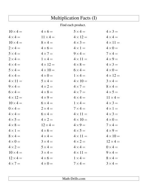 The 100 Horizontal Questions -- 4 by 0-12 (I) Math Worksheet