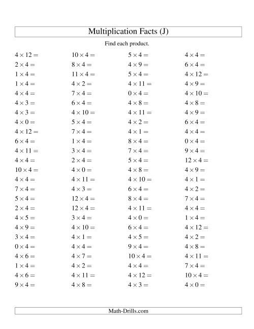 The 100 Horizontal Questions -- 4 by 0-12 (J) Math Worksheet