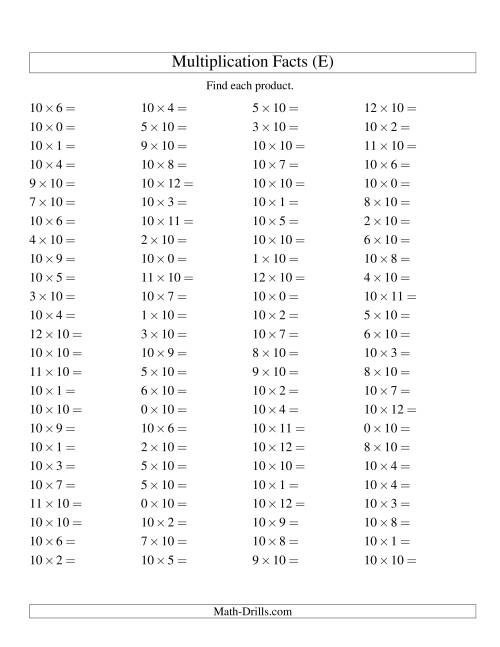 The 100 Horizontal Questions -- 10 by 0-12 (E) Math Worksheet