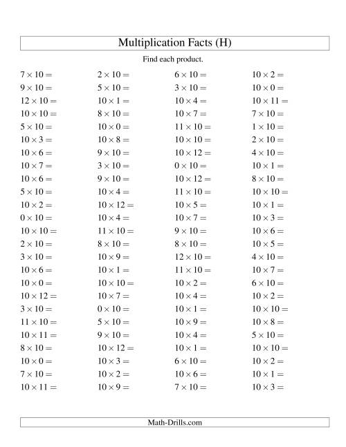 The 100 Horizontal Questions -- 10 by 0-12 (H) Math Worksheet