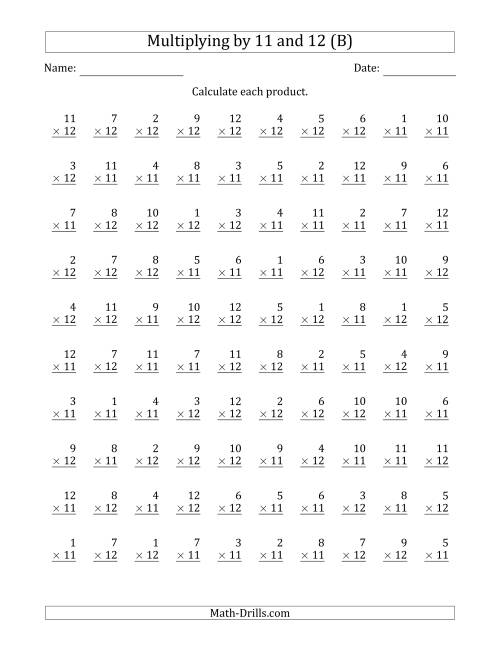 The Multiplying by Anchor Facts 11 and 12 (Other Factor 1 to 12) (B) Math Worksheet