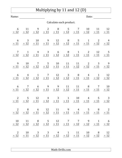 The Multiplying by Anchor Facts 11 and 12 (Other Factor 1 to 12) (D) Math Worksheet