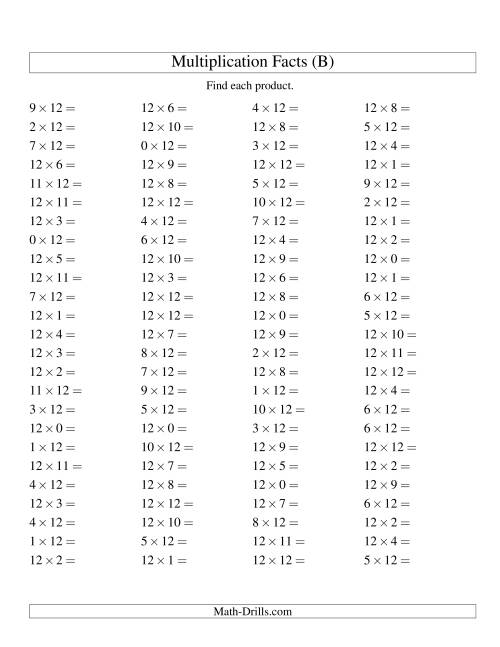 The 100 Horizontal Questions -- 12 by 0-12 (B) Math Worksheet