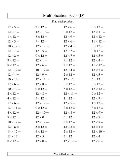 The 100 Horizontal Questions -- 12 by 0-12 (D) Math Worksheet
