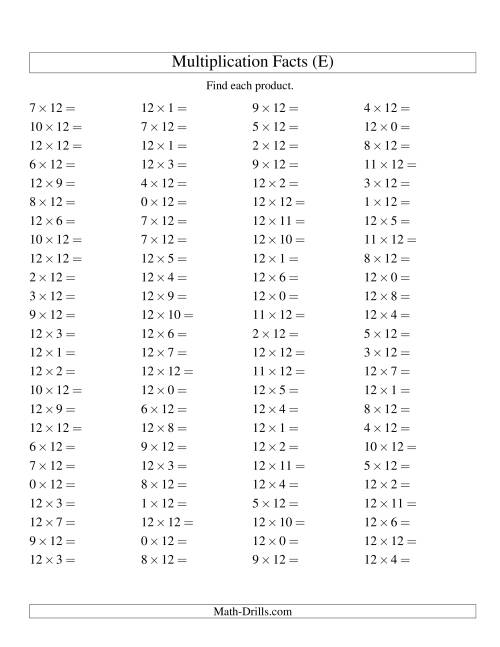 The 100 Horizontal Questions -- 12 by 0-12 (E) Math Worksheet