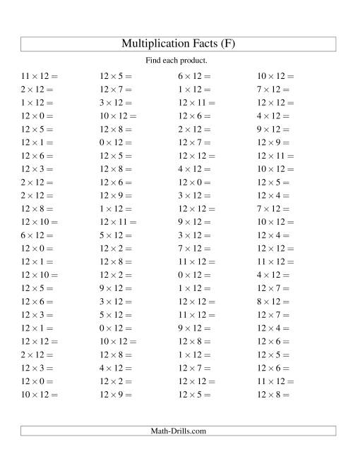 The 100 Horizontal Questions -- 12 by 0-12 (F) Math Worksheet