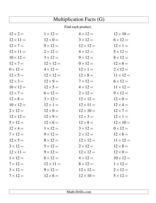The 100 Horizontal Questions -- 12 by 0-12 (G) Math Worksheet