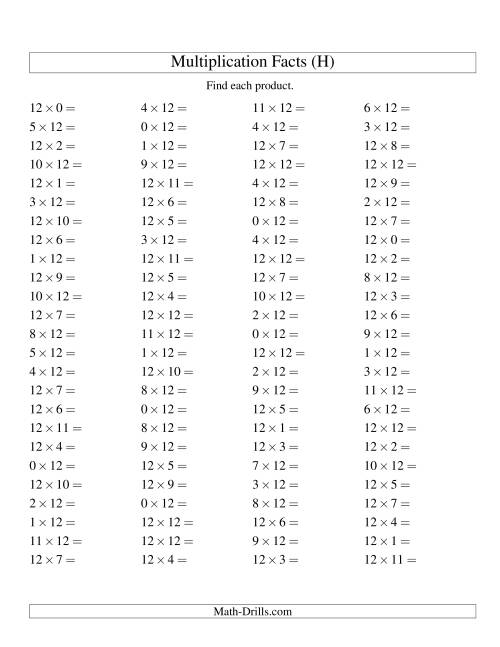 The 100 Horizontal Questions -- 12 by 0-12 (H) Math Worksheet