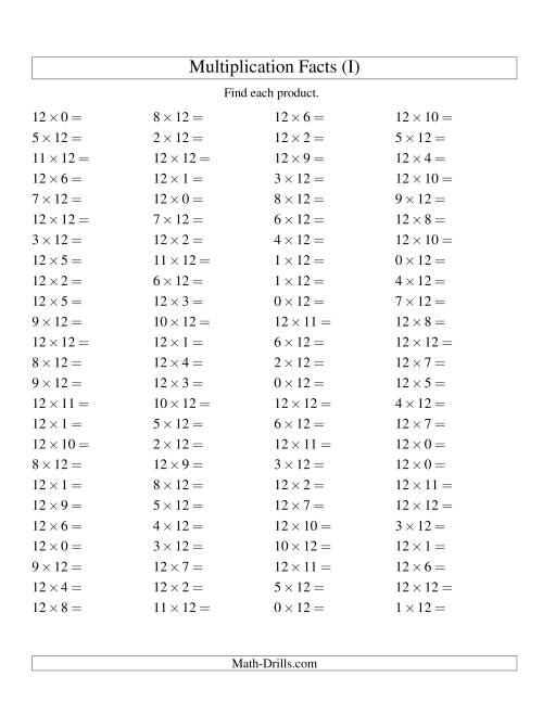 The 100 Horizontal Questions -- 12 by 0-12 (I) Math Worksheet