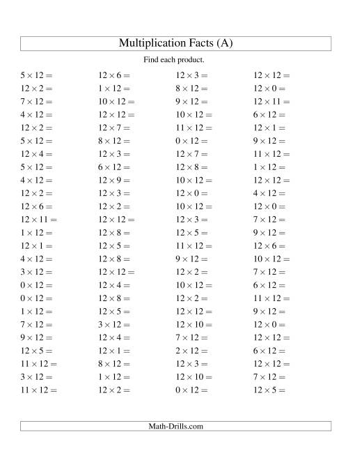 The 100 Horizontal Questions -- 12 by 0-12 (All) Math Worksheet