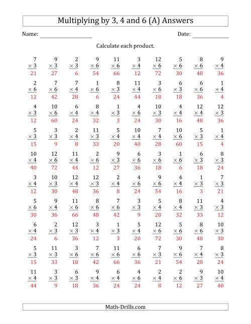 The Multiplying by Anchor Facts 3, 4 and 6 (Other Factor 1 to 12) (A) Math Worksheet Page 2