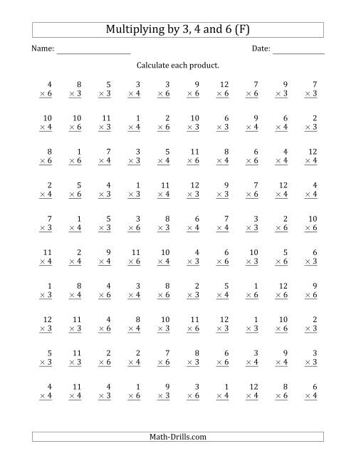 The Multiplying by Anchor Facts 3, 4 and 6 (Other Factor 1 to 12) (F) Math Worksheet