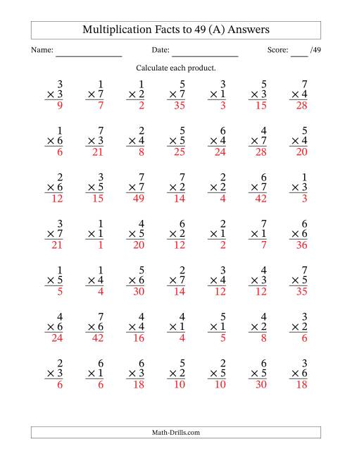 The Multiplication Facts to 49 (49 Questions) (No Zeros) (A) Math Worksheet Page 2