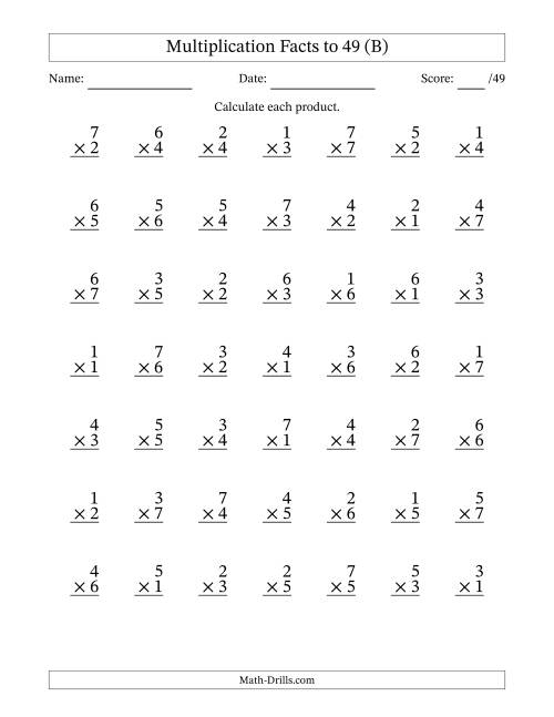 The Multiplication Facts to 49 (49 Questions) (No Zeros) (B) Math Worksheet