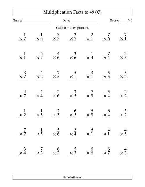 The Multiplication Facts to 49 (49 Questions) (No Zeros) (C) Math Worksheet