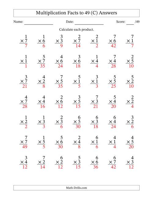 The Multiplication Facts to 49 (49 Questions) (No Zeros) (C) Math Worksheet Page 2