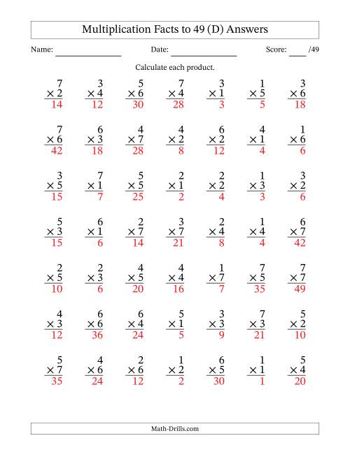 The Multiplication Facts to 49 (49 Questions) (No Zeros) (D) Math Worksheet Page 2