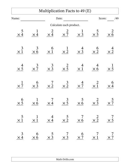 The Multiplication Facts to 49 (49 Questions) (No Zeros) (E) Math Worksheet