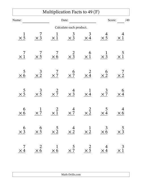 The Multiplication Facts to 49 (49 Questions) (No Zeros) (F) Math Worksheet