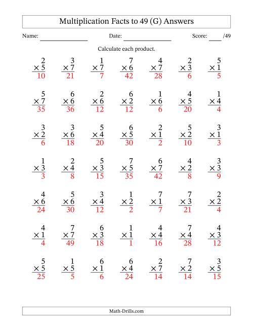 The Multiplication Facts to 49 (49 Questions) (No Zeros) (G) Math Worksheet Page 2