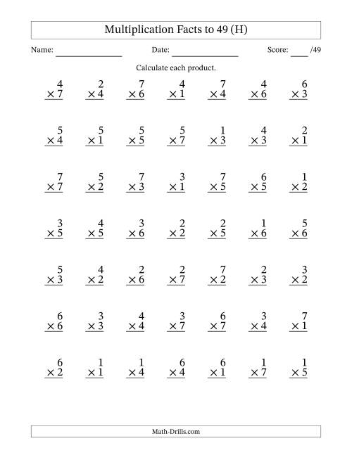 The Multiplication Facts to 49 (49 Questions) (No Zeros) (H) Math Worksheet