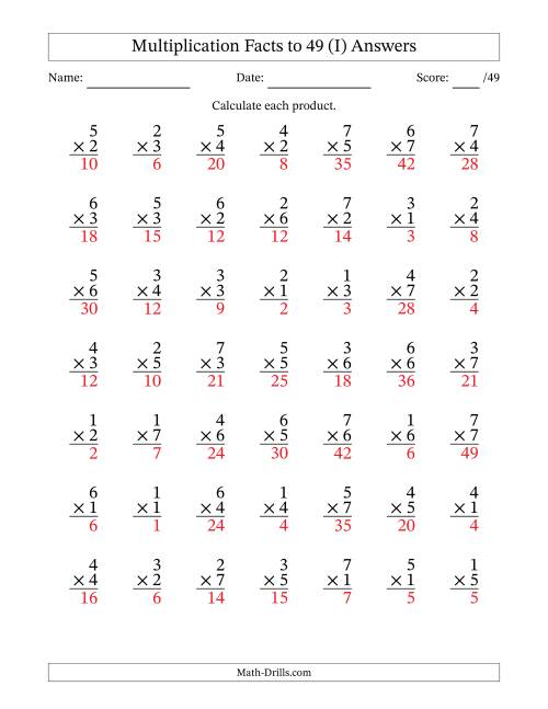 The Multiplication Facts to 49 (49 Questions) (No Zeros) (I) Math Worksheet Page 2