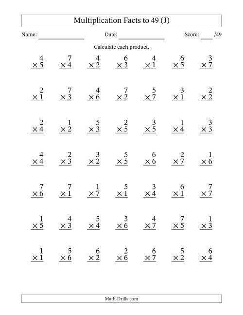 The Multiplication Facts to 49 (49 Questions) (No Zeros) (J) Math Worksheet