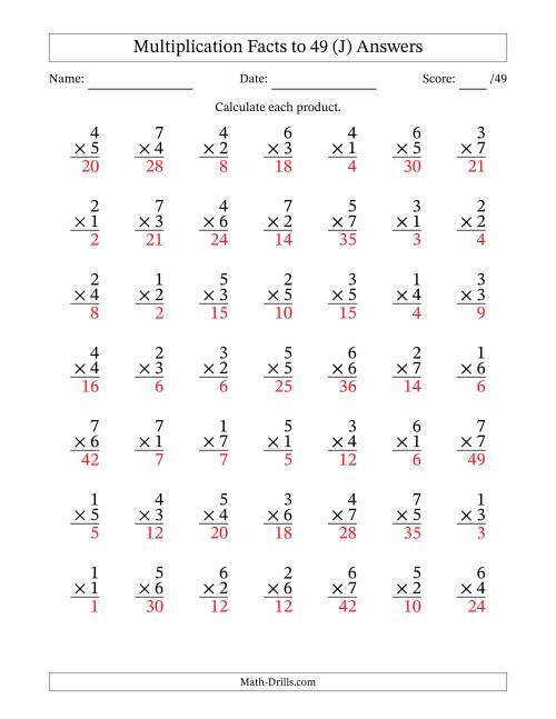 The Multiplication Facts to 49 (49 Questions) (No Zeros) (J) Math Worksheet Page 2