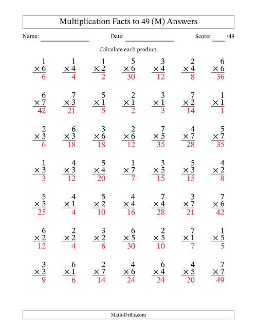 The Multiplication Facts to 49 (49 Questions) (No Zeros) (M) Math Worksheet Page 2