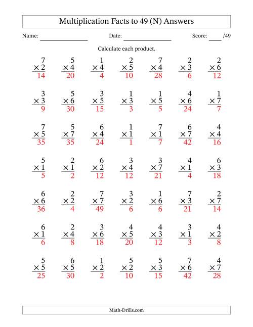 The Multiplication Facts to 49 (49 Questions) (No Zeros) (N) Math Worksheet Page 2