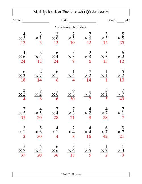 The Multiplication Facts to 49 (49 Questions) (No Zeros) (Q) Math Worksheet Page 2