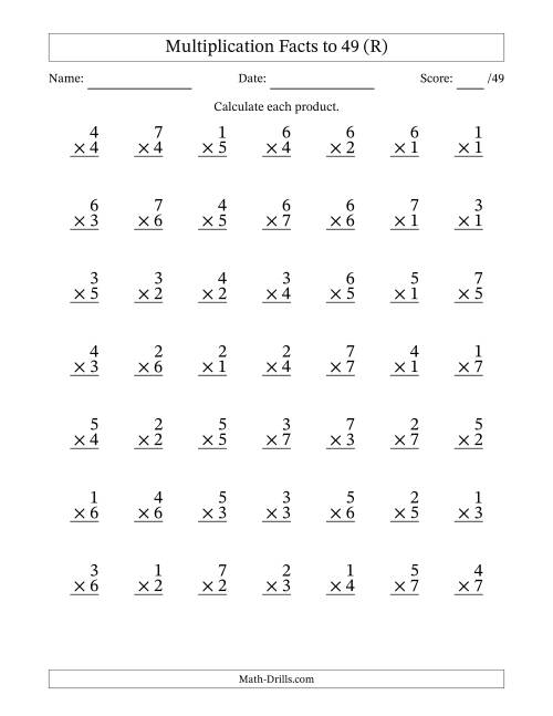 The Multiplication Facts to 49 (49 Questions) (No Zeros) (R) Math Worksheet