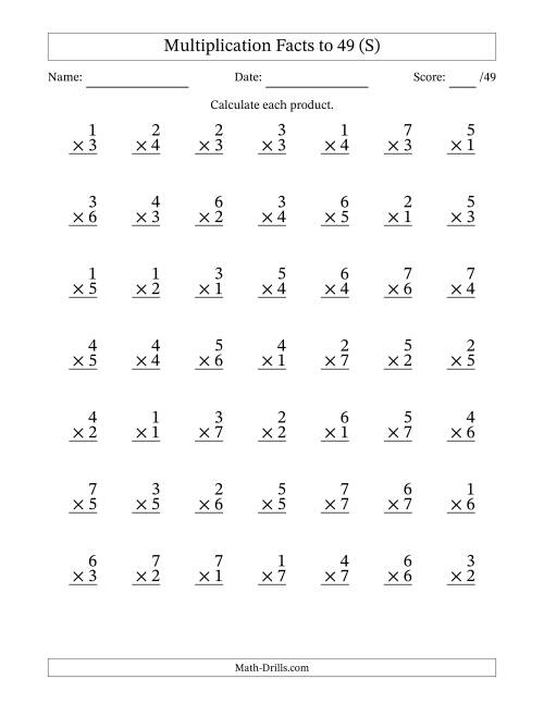 The Multiplication Facts to 49 (49 Questions) (No Zeros) (S) Math Worksheet