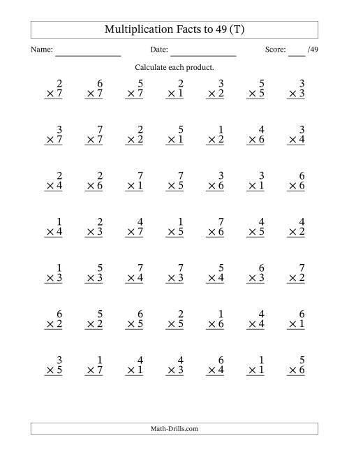 The Multiplication Facts to 49 (49 Questions) (No Zeros) (T) Math Worksheet