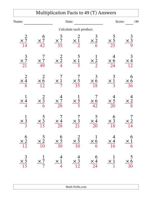 The Multiplication Facts to 49 (49 Questions) (No Zeros) (T) Math Worksheet Page 2