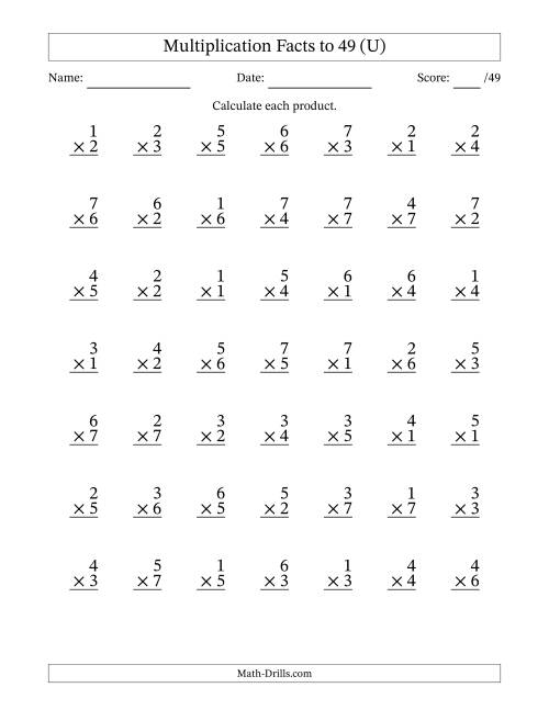 The Multiplication Facts to 49 (49 Questions) (No Zeros) (U) Math Worksheet