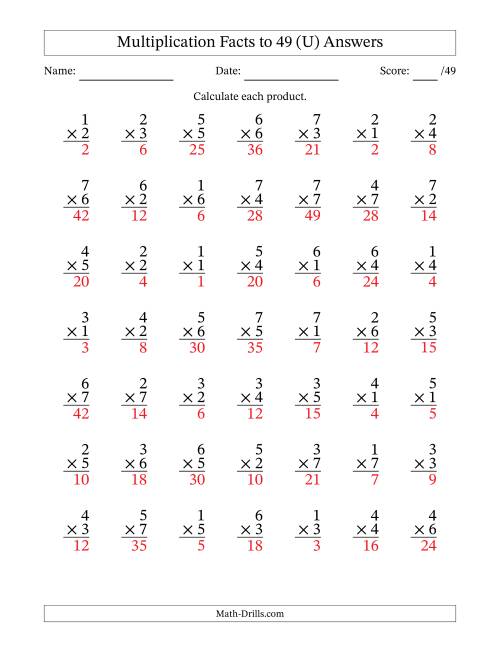 The Multiplication Facts to 49 (49 Questions) (No Zeros) (U) Math Worksheet Page 2