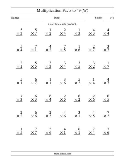 The Multiplication Facts to 49 (49 Questions) (No Zeros) (W) Math Worksheet