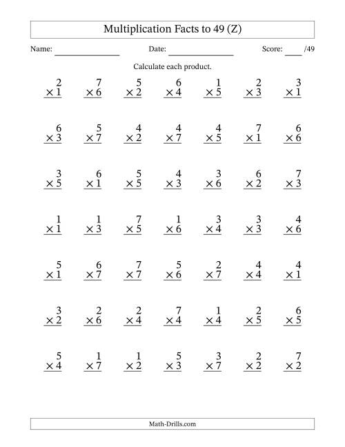 The Multiplication Facts to 49 (49 Questions) (No Zeros) (Z) Math Worksheet