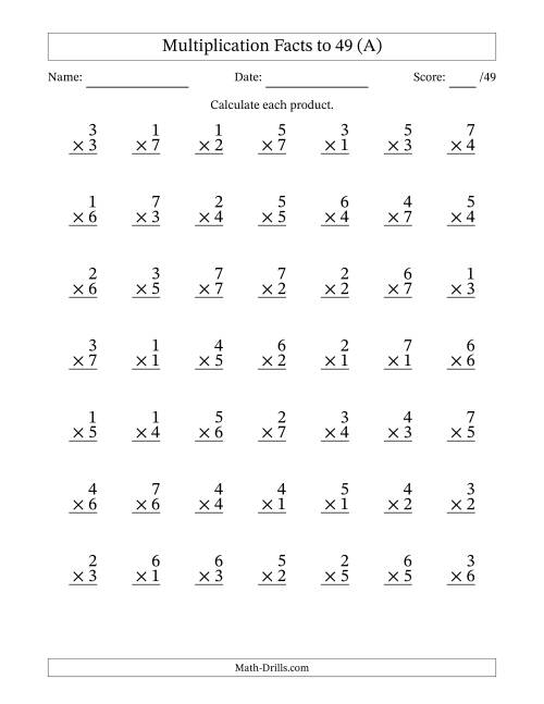 The Multiplication Facts to 49 (49 Questions) (No Zeros) (All) Math Worksheet