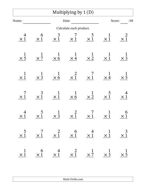 The Multiplying (1 to 7) by 1 (49 Questions) (D) Math Worksheet