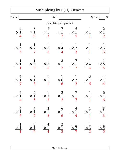 The Multiplying (1 to 7) by 1 (49 Questions) (D) Math Worksheet Page 2