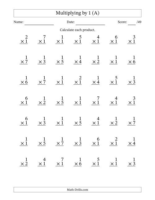 The Multiplying (1 to 7) by 1 (49 Questions) (All) Math Worksheet