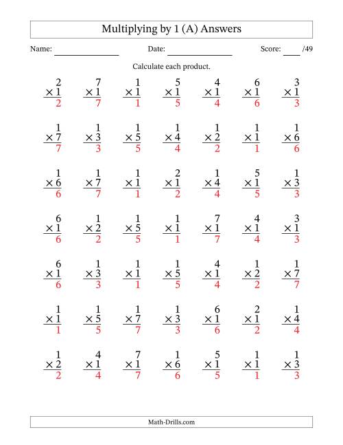 The Multiplying (1 to 7) by 1 (49 Questions) (All) Math Worksheet Page 2