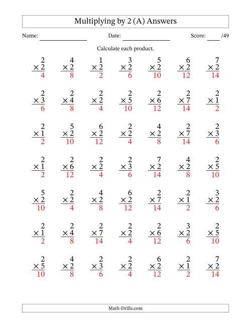 The Multiplying (1 to 7) by 2 (49 Questions) (A) Math Worksheet Page 2